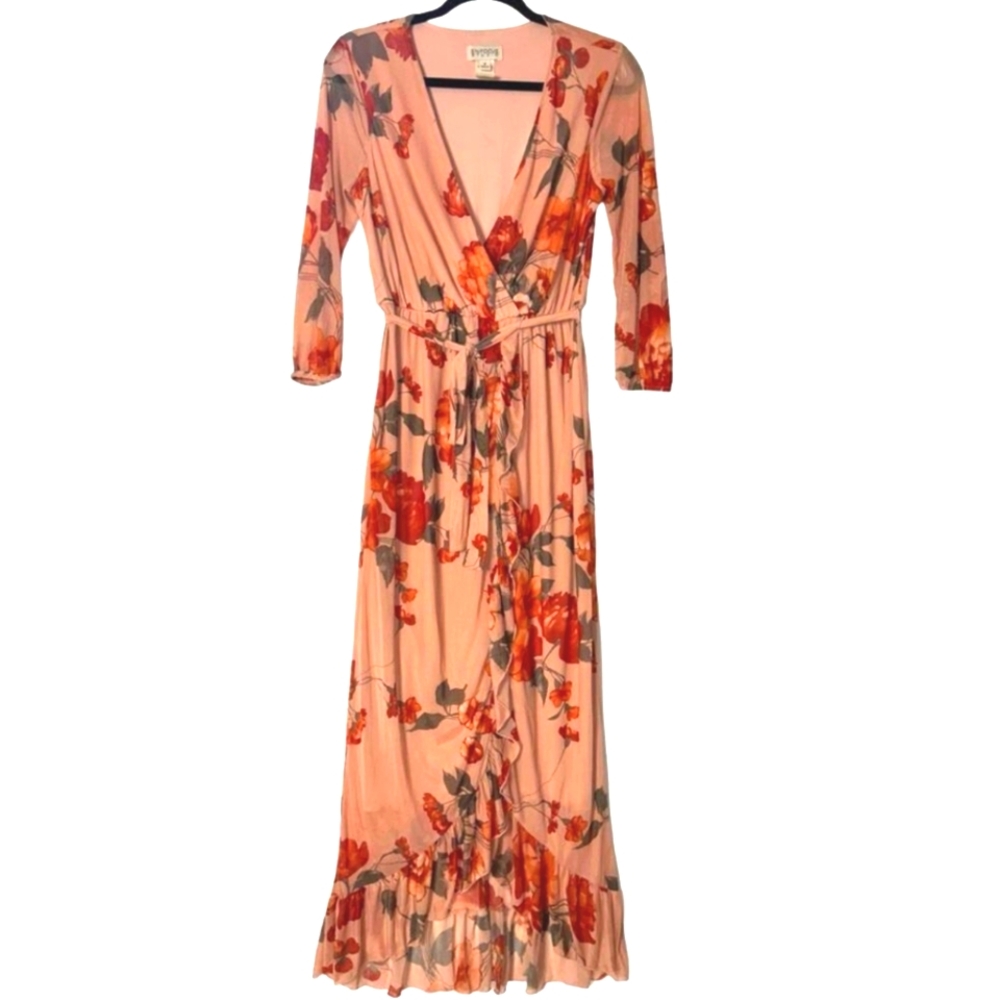 Enfocus Studio Fall Floral Chiffon Maxi Dress Tie Waist Long Sheer Sleeves Sz 6 - Picture 13 of 14